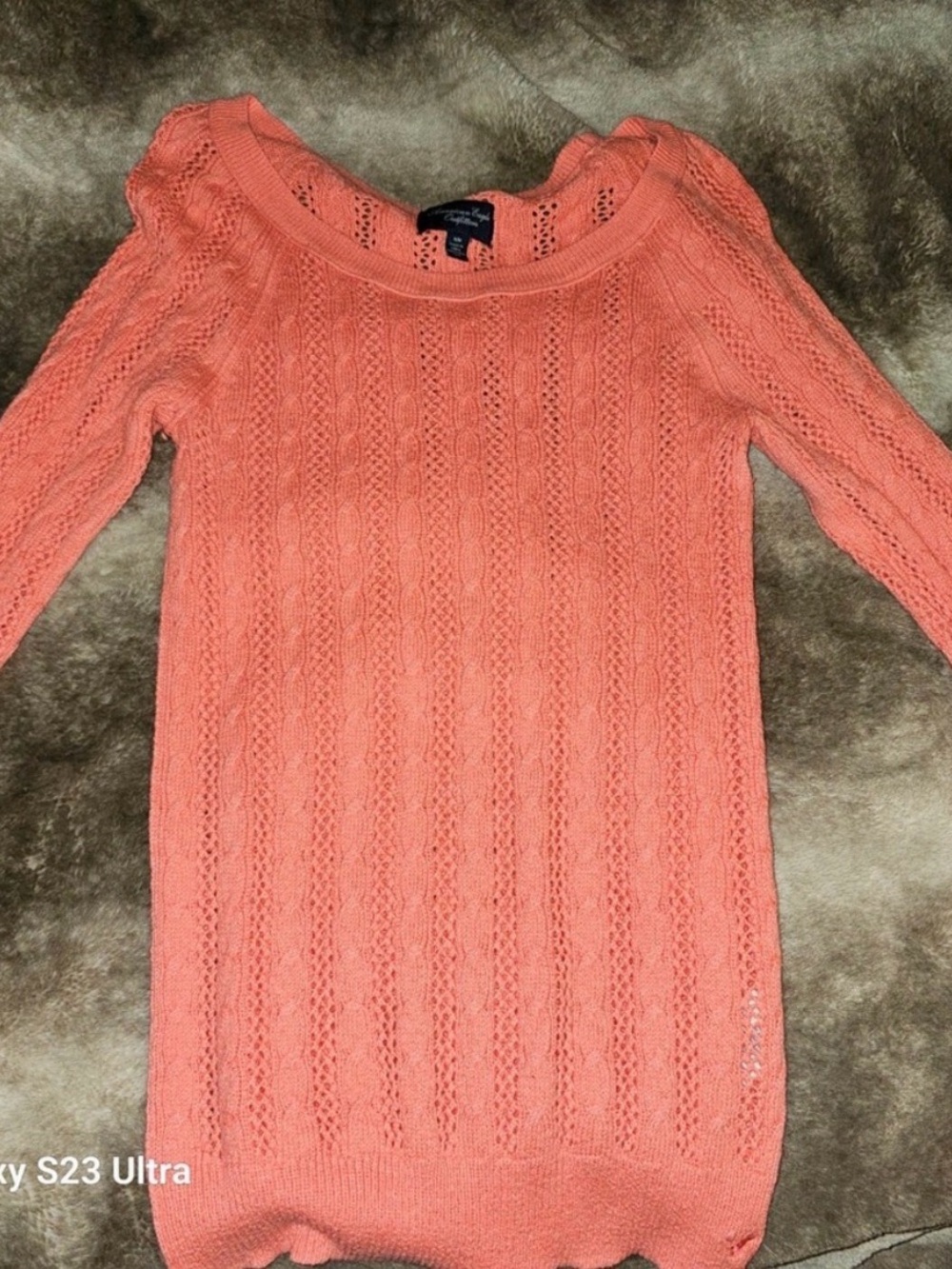 American Eagle Outfitters Coral Openwork Crewneck Sweater